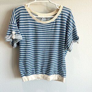 Splendid Cream & Light Blue Striped Short Sleeve Crew Neck Sweatshirt Top